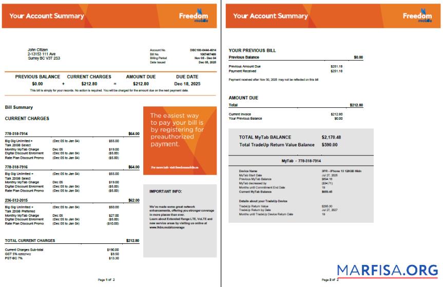 Blank Canada Freedom Mobile utility bill template in Word and PDF formats, 2 pages